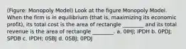 (Figure: Monopoly Model) Look at the figure Monopoly Model. When the firm is in equilibrium (that is, maximizing its economic profit), its total cost is the area of rectangle ________ and its total revenue is the area of rectangle ________. a. 0IHJ; IPDH b. 0PDJ; SPDB c. IPDH; 0SBJ d. 0SBJ; 0PDJ