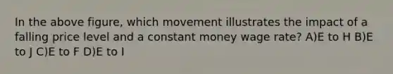 In the above figure, which movement illustrates the impact of a falling price level and a constant money wage rate? A)E to H B)E to J C)E to F D)E to I