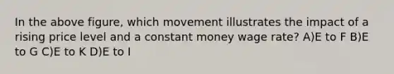 In the above figure, which movement illustrates the impact of a rising price level and a constant money wage rate? A)E to F B)E to G C)E to K D)E to I