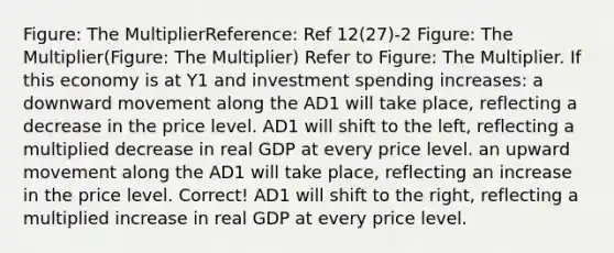 Figure: The MultiplierReference: Ref 12(27)-2 Figure: The Multiplier(Figure: The Multiplier) Refer to Figure: The Multiplier. If this economy is at Y1 and investment spending increases: a downward movement along the AD1 will take place, reflecting a decrease in the price level. AD1 will shift to the left, reflecting a multiplied decrease in real GDP at every price level. an upward movement along the AD1 will take place, reflecting an increase in the price level. Correct! AD1 will shift to the right, reflecting a multiplied increase in real GDP at every price level.