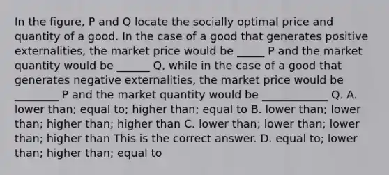 In the​ figure, P and Q locate the socially optimal price and quantity of a good. In the case of a good that generates positive​ externalities, the market price would be​ _____ P and the market quantity would be​ ______ Q​, while in the case of a good that generates negative​ externalities, the market price would be​ ________ P and the market quantity would be​ ____________ Q. A. lower​ than; equal​ to; higher​ than; equal to B. lower​ than; lower​ than; higher​ than; higher than C. lower​ than; lower​ than; lower​ than; higher than This is the correct answer. D. equal​ to; lower​ than; higher​ than; equal to