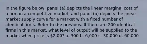 In the figure below, panel (a) depicts the linear marginal cost of a firm in a competitive market, and panel (b) depicts the linear market supply curve for a market with a fixed number of identical firms. Refer to the previous. If there are 200 identical firms in this market, what level of output will be supplied to the market when price is 2.00? a. 300 b. 6,000 c. 30,000 d. 60,000