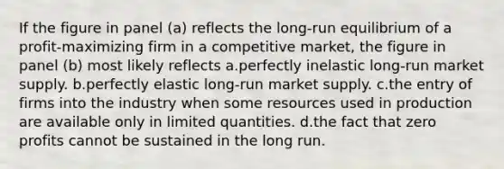 If the figure in panel (a) reflects the long-run equilibrium of a profit-maximizing firm in a competitive market, the figure in panel (b) most likely reflects a.perfectly inelastic long-run market supply. b.perfectly elastic long-run market supply. c.the entry of firms into the industry when some resources used in production are available only in limited quantities. d.the fact that zero profits cannot be sustained in the long run.