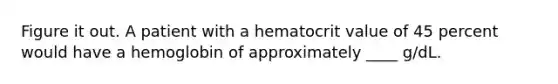 Figure it out. A patient with a hematocrit value of 45 percent would have a hemoglobin of approximately ____ g/dL.