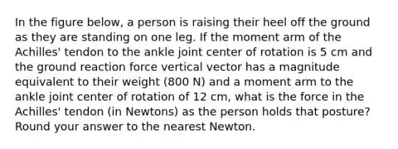 In the figure below, a person is raising their heel off the ground as they are standing on one leg. If the moment arm of the Achilles' tendon to the ankle joint center of rotation is 5 cm and the ground reaction force vertical vector has a magnitude equivalent to their weight (800 N) and a moment arm to the ankle joint center of rotation of 12 cm, what is the force in the Achilles' tendon (in Newtons) as the person holds that posture? Round your answer to the nearest Newton.