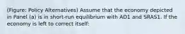 (Figure: Policy Alternatives) Assume that the economy depicted in Panel (a) is in short-run equilibrium with AD1 and SRAS1. If the economy is left to correct itself: