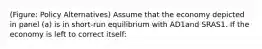 (Figure: Policy Alternatives) Assume that the economy depicted in panel (a) is in short-run equilibrium with AD1and SRAS1. If the economy is left to correct itself: