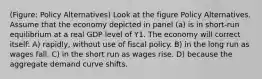 (Figure: Policy Alternatives) Look at the figure Policy Alternatives. Assume that the economy depicted in panel (a) is in short-run equilibrium at a real GDP level of Y1. The economy will correct itself: A) rapidly, without use of fiscal policy. B) in the long run as wages fall. C) in the short run as wages rise. D) because the aggregate demand curve shifts.