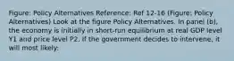 Figure: Policy Alternatives Reference: Ref 12-16 (Figure: Policy Alternatives) Look at the figure Policy Alternatives. In panel (b), the economy is initially in short-run equilibrium at real GDP level Y1 and price level P2. If the government decides to intervene, it will most likely: