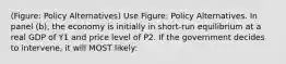 (Figure: Policy Alternatives) Use Figure: Policy Alternatives. In panel (b), the economy is initially in short-run equilibrium at a real GDP of Y1 and price level of P2. If the government decides to intervene, it will MOST likely: