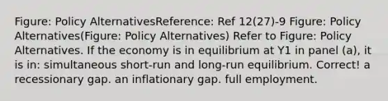 Figure: Policy AlternativesReference: Ref 12(27)-9 Figure: Policy Alternatives(Figure: Policy Alternatives) Refer to Figure: Policy Alternatives. If the economy is in equilibrium at Y1 in panel (a), it is in: simultaneous short-run and long-run equilibrium. Correct! a recessionary gap. an inflationary gap. full employment.