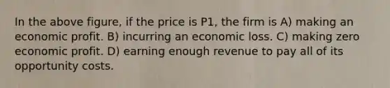 In the above figure, if the price is P1, the firm is A) making an economic profit. B) incurring an economic loss. C) making zero economic profit. D) earning enough revenue to pay all of its opportunity costs.