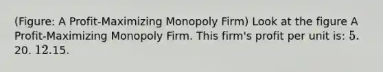 (Figure: A Profit-Maximizing Monopoly Firm) Look at the figure A Profit-Maximizing Monopoly Firm. This firm's profit per unit is: 5.20. 12.15.