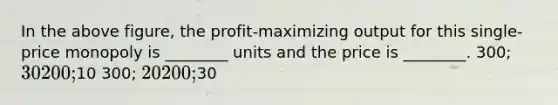 In the above figure, the profit-maximizing output for this single-price monopoly is ________ units and the price is ________. 300; 30 200;10 300; 20 200;30