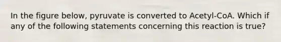 In the figure below, pyruvate is converted to Acetyl-CoA. Which if any of the following statements concerning this reaction is true?