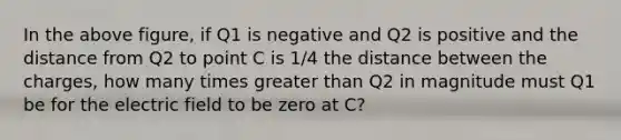 In the above figure, if Q1 is negative and Q2 is positive and the distance from Q2 to point C is 1/4 the distance between the charges, how many times <a href='https://www.questionai.com/knowledge/ktgHnBD4o3-greater-than' class='anchor-knowledge'>greater than</a> Q2 in magnitude must Q1 be for the electric field to be zero at C?