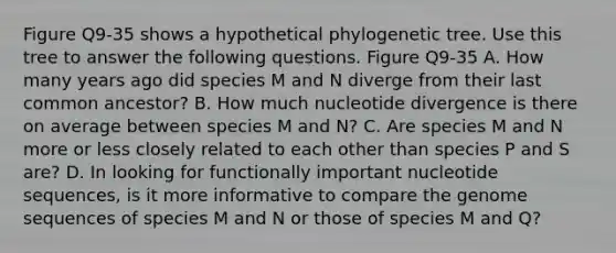 Figure Q9-35 shows a hypothetical phylogenetic tree. Use this tree to answer the following questions. Figure Q9-35 A. How many years ago did species M and N diverge from their last common ancestor? B. How much nucleotide divergence is there on average between species M and N? C. Are species M and N more or less closely related to each other than species P and S are? D. In looking for functionally important nucleotide sequences, is it more informative to compare the genome sequences of species M and N or those of species M and Q?