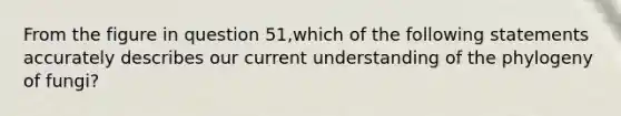 From the figure in question 51,which of the following statements accurately describes our current understanding of the phylogeny of fungi?