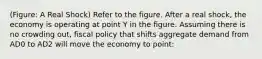 (Figure: A Real Shock) Refer to the figure. After a real shock, the economy is operating at point Y in the figure. Assuming there is no crowding out, fiscal policy that shifts aggregate demand from AD0 to AD2 will move the economy to point: