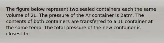 The figure below represent two sealed containers each the same volume of 2L. The pressure of the Ar container is 2atm. The contents of both containers are transferred to a 1L container at the same temp. The total pressure of the new container is closest to: