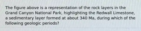 The figure above is a representation of the rock layers in the Grand Canyon National Park, highlighting the Redwall Limestone, a sedimentary layer formed at about 340 Ma, during which of the following geologic periods?
