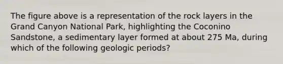 The figure above is a representation of the rock layers in the Grand Canyon National Park, highlighting the Coconino Sandstone, a sedimentary layer formed at about 275 Ma, during which of the following geologic periods?