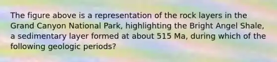 The figure above is a representation of the rock layers in the Grand Canyon National Park, highlighting the Bright Angel Shale, a sedimentary layer formed at about 515 Ma, during which of the following geologic periods?