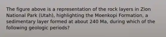 The figure above is a representation of the rock layers in Zion National Park (Utah), highlighting the Moenkopi Formation, a sedimentary layer formed at about 240 Ma, during which of the following geologic periods?