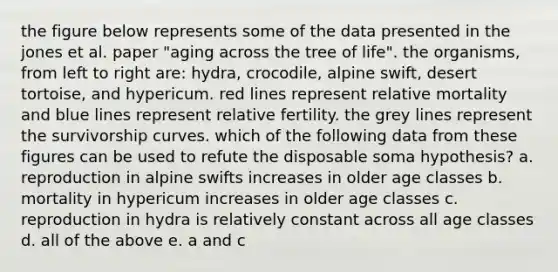 the figure below represents some of the data presented in the jones et al. paper "aging across the tree of life". the organisms, from left to right are: hydra, crocodile, alpine swift, desert tortoise, and hypericum. red lines represent relative mortality and blue lines represent relative fertility. the grey lines represent the survivorship curves. which of the following data from these figures can be used to refute the disposable soma hypothesis? a. reproduction in alpine swifts increases in older age classes b. mortality in hypericum increases in older age classes c. reproduction in hydra is relatively constant across all age classes d. all of the above e. a and c