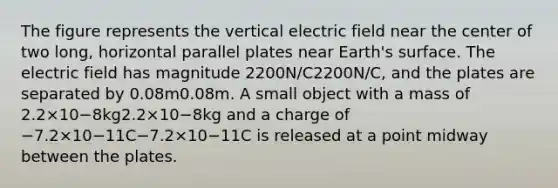 The figure represents the vertical electric field near the center of two long, horizontal parallel plates near Earth's surface. The electric field has magnitude 2200N/C2200N/C, and the plates are separated by 0.08m0.08m. A small object with a mass of 2.2×10−8kg2.2×10−8kg and a charge of −7.2×10−11C−7.2×10−11C is released at a point midway between the plates.