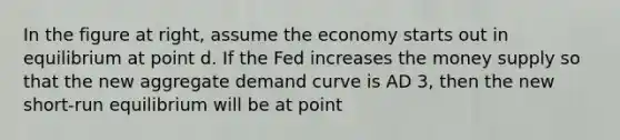 In the figure at​ right, assume the economy starts out in equilibrium at point d. If the Fed increases the money supply so that the new aggregate demand curve is AD 3​, then the new​ short-run equilibrium will be at point