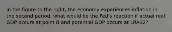 in the figure to the​ right, the economy experiences inflation in the second period. what would be the​ Fed's reaction if actual real GDP occurs at point B and potential GDP occurs at LRAS2​?