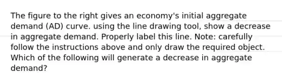 The figure to the right gives an economy's initial aggregate demand (AD) curve. using the line drawing tool, show a decrease in aggregate demand. Properly label this line. Note: carefully follow the instructions above and only draw the required object. Which of the following will generate a decrease in aggregate demand?