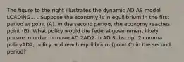 The figure to the right illustrates the dynamic AD-AS model LOADING... . Suppose the economy is in equilibrium in the first period at point​ (A). In the second​ period, the economy reaches point​ (B). What policy would the federal government likely pursue in order to move AD 2AD2 to AD Subscript 2 comma policyAD2, policy and reach equilibrium​ (point C) in the second​ period?