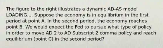 The figure to the right illustrates a dynamic AD-AS model LOADING.... Suppose the economy is in equilibrium in the first period at point A. In the second​ period, the economy reaches point B. We would expect the Fed to pursue what type of policy in order to move AD 2 to AD Subscript 2 comma policy and reach equilibrium​ (point C) in the second​ period?