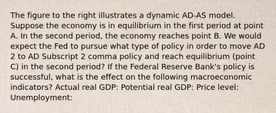 The figure to the right illustrates a dynamic AD-AS model. Suppose the economy is in equilibrium in the first period at point A. In the second​ period, the economy reaches point B. We would expect the Fed to pursue what type of policy in order to move AD 2 to AD Subscript 2 comma policy and reach equilibrium​ (point C) in the second​ period? If the Federal Reserve​ Bank's policy is​ successful, what is the effect on the following macroeconomic​ indicators? Actual real​ GDP: Potential real​ GDP: Price​ level: ​ Unemployment: