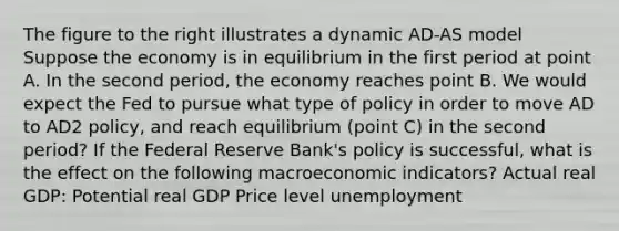 The figure to the right illustrates a dynamic AD-AS model Suppose the economy is in equilibrium in the first period at point A. In the second​ period, the economy reaches point B. We would expect the Fed to pursue what type of policy in order to move AD to AD2 policy, and reach equilibrium​ (point C) in the second​ period? If the Federal Reserve​ Bank's policy is​ successful, what is the effect on the following macroeconomic​ indicators? Actual real​ GDP: Potential real GDP Price level unemployment