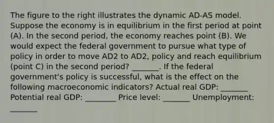 The figure to the right illustrates the dynamic AD-AS model. Suppose the economy is in equilibrium in the first period at point​ (A). In the second​ period, the economy reaches point​ (B). We would expect the federal government to pursue what type of policy in order to move AD2 to AD2, policy and reach equilibrium​ (point C) in the second​ period? _______. If the federal​ government's policy is​ successful, what is the effect on the following macroeconomic​ indicators? Actual real GDP: _______ Potential real GDP: ________ Price level: _______ Unemployment: _______