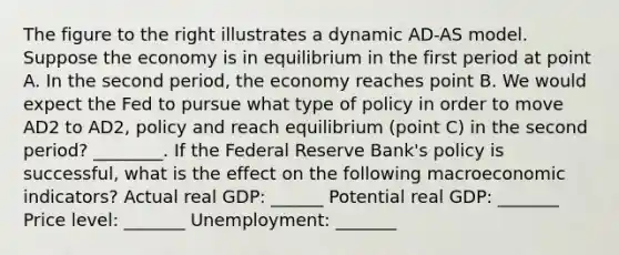 The figure to the right illustrates a dynamic AD-AS model. Suppose the economy is in equilibrium in the first period at point A. In the second​ period, the economy reaches point B. We would expect the Fed to pursue what type of policy in order to move AD2 to AD2, policy and reach equilibrium​ (point C) in the second​ period? ________. If the Federal Reserve​ Bank's policy is​ successful, what is the effect on the following macroeconomic​ indicators? Actual real​ GDP: ______ Potential real GDP: _______ Price level: _______ Unemployment: _______