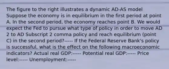 The figure to the right illustrates a dynamic AD-AS model Suppose the economy is in equilibrium in the first period at point A. In the second​ period, the economy reaches point B. We would expect the Fed to pursue what type of policy in order to move AD 2 to AD Subscript 2 comma policy and reach equilibrium​ (point C) in the second​ period?----- If the Federal Reserve​ Bank's policy is​ successful, what is the effect on the following macroeconomic​ indicators? Actual real​ GDP:----- Potential real​ GDP:----- Price​ level:​----- Unemployment:-----