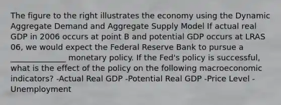 The figure to the right illustrates the economy using the Dynamic Aggregate Demand and Aggregate Supply Model If actual real GDP in 2006 occurs at point B and potential GDP occurs at LRAS 06​, we would expect the Federal Reserve Bank to pursue a ______________ monetary policy. If the​ Fed's policy is​ successful, what is the effect of the policy on the following macroeconomic​ indicators? -Actual Real GDP -Potential Real GDP -Price Level -Unemployment