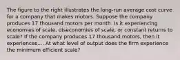 The figure to the right illustrates the​ long-run average cost curve for a company that makes motors. Suppose the company produces 17 thousand motors per month. Is it experiencing economies of​ scale, diseconomies of​ scale, or constant returns to​ scale? If the company produces 17 thousand​ motors, then it experiences.... At what level of output does the firm experience the minimum efficient​ scale?