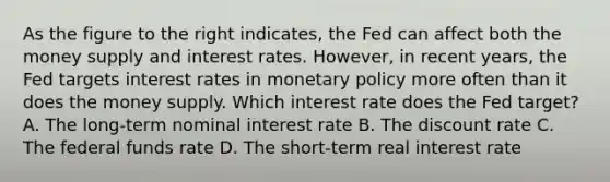 As the figure to the right​ indicates, the Fed can affect both the money supply and interest rates.​ However, in recent​ years, the Fed targets interest rates in monetary policy more often than it does the money supply. Which interest rate does the Fed​ target? A. The​ long-term nominal interest rate B. The discount rate C. The federal funds rate D. The​ short-term real interest rate