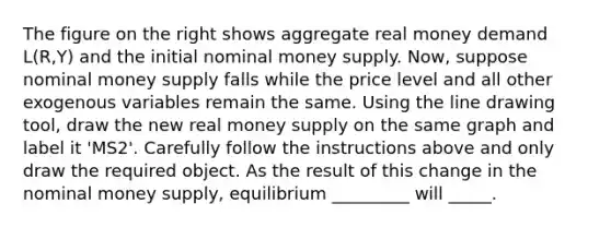 The figure on the right shows aggregate real money demand​ L(R,Y) and the initial nominal money supply. ​Now, suppose nominal money supply falls while the price level and all other exogenous variables remain the same. Using the line drawing tool​, draw the new real money supply on the same graph and label it ​'MS2​'. Carefully follow the instructions above and only draw the required object. As the result of this change in the nominal money​ supply, equilibrium _________ will _____.