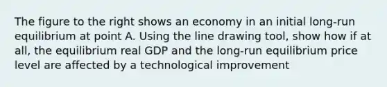 The figure to the right shows an economy in an initial​ long-run equilibrium at point A. Using the line drawing tool​, show​ how if at​ all, the equilibrium real GDP and the​ long-run equilibrium price level are affected by a technological improvement