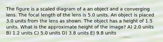 The figure is a scaled diagram of a an object and a converging lens. The focal length of the lens is 5.0 units. An object is placed 3.0 units from the lens as shown. The object has a height of 1.5 units. What is the approximate height of the image? A) 2.0 units B) 1.2 units C) 5.0 units D) 3.8 units E) 9.8 units