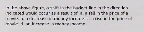 In the above figure, a shift in the budget line in the direction indicated would occur as a result of: a. a fall in the price of a movie. b. a decrease in money income. c. a rise in the price of movie. d. an increase in money income.