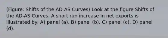 (Figure: Shifts of the AD-AS Curves) Look at the figure Shifts of the AD-AS Curves. A short run increase in net exports is illustrated by: A) panel (a). B) panel (b). C) panel (c). D) panel (d).