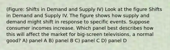 (Figure: Shifts in Demand and Supply IV) Look at the figure Shifts in Demand and Supply IV. The figure shows how supply and demand might shift in response to specific events. Suppose consumer incomes increase. Which panel best describes how this will affect the market for big-screen televisions, a normal good? A) panel A B) panel B C) panel C D) panel D