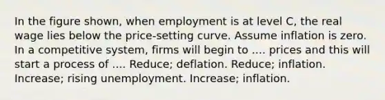 In the figure shown, when employment is at level C, the real wage lies below the price-setting curve. Assume inflation is zero. In a competitive system, firms will begin to .... prices and this will start a process of .... Reduce; deflation. Reduce; inflation. Increase; rising unemployment. Increase; inflation.